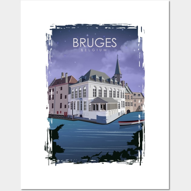 Bruges Vintage Minimal Belgium Travel Poster at Night Wall Art by jornvanhezik